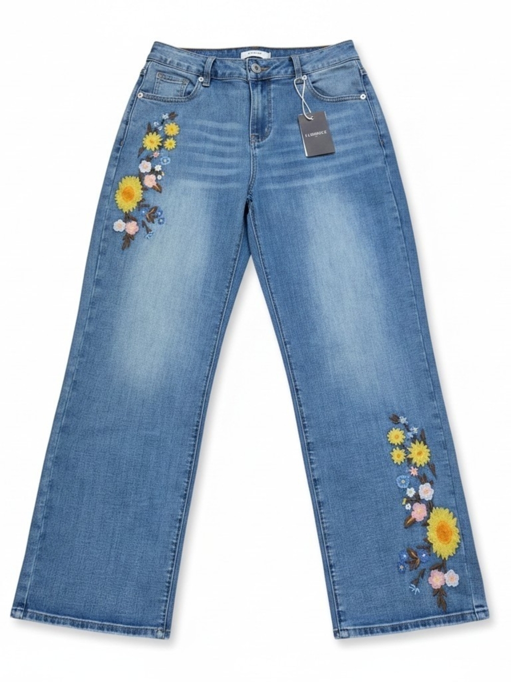 NWT Flamingals Floral Embroidered Wide Leg Jeans Medium Blue High Waisted Boho - Picture 3 of 14
